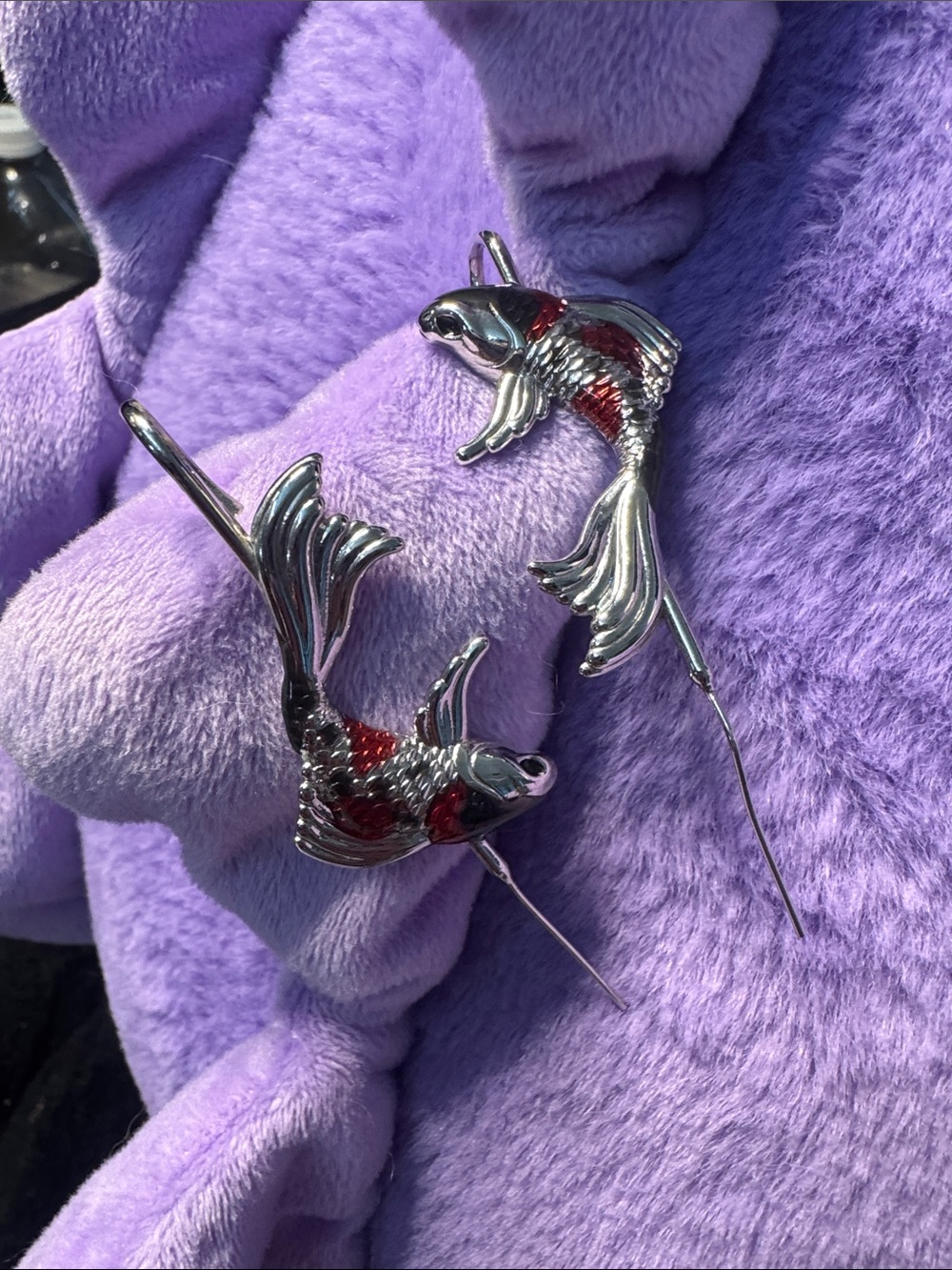 Y2K Silver & Red Koi Fish Ear Cuff / Climber Statement Earrings — $20